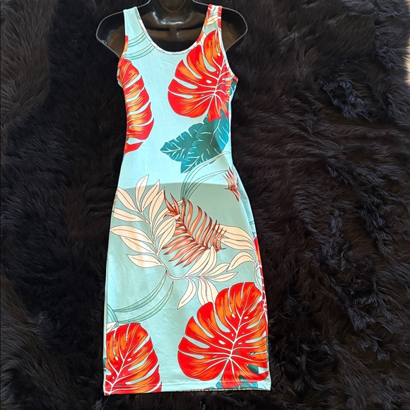 SHEIN Aqua Tropical Tank Midi Dress with Red Leaf Print - Picture 3 of 5